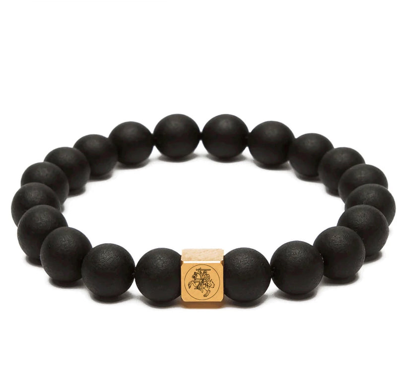 Baltic amber black bracelet with gold-plated Vytis emblem